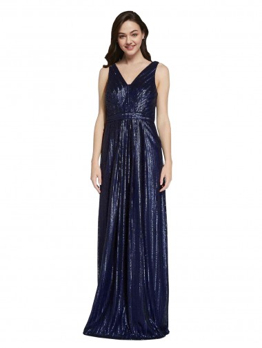 Buy V-Neck Long Sequin Dark Navy Sheath Sleeveless Formal Evening Dress UK