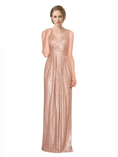 Buy V-Neck Long Sequin Rose Gold Sleeveless Evening Dress UK