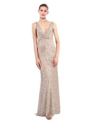 Buy V-Neck Long Sparkling Sequin Silver Sleeveless Formal Evening Dress UK