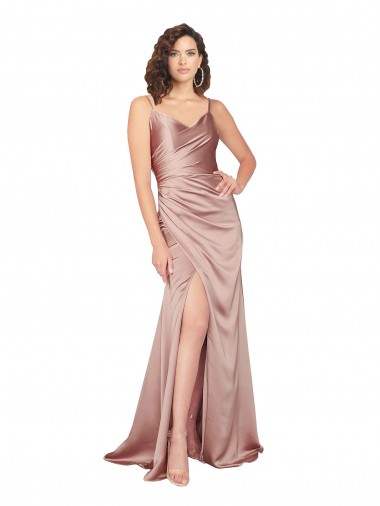 Buy V-Neck Long Silky Satin Dusty Pink Sleeveless Black Tie Evening Dress UK