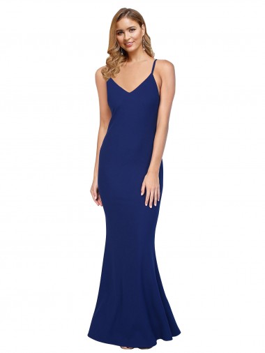 Buy V-Neck Long Stretch Crepe Royal Blue Sleeveless Evening Dress UK