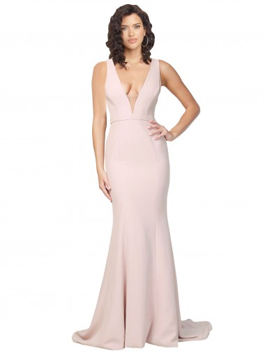 Buy V-Neck Sweep Train Stretch Crepe Pink Sleeveless Black Tie Evening Gown UK