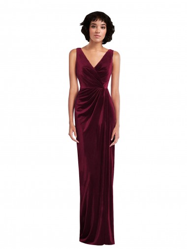 Buy V-Neck Long Stretch Velvet Burgundy Sleeveless Semi Formal Evening Dress UK