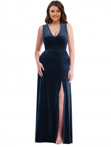 Buy V-Neck Long Stretch Velvet Dark Navy Sleeveless Plus Size Formal Evening Dress UK