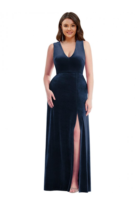 Buy V-Neck Long Stretch Velvet Dark Navy Sleeveless Plus Size Formal Evening Dress UK