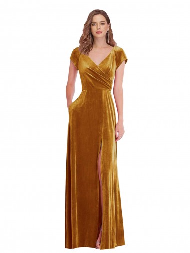 Buy V-Neck Long Stretch Velvet Gold Cap Sleeves Formal Evening Dress UK