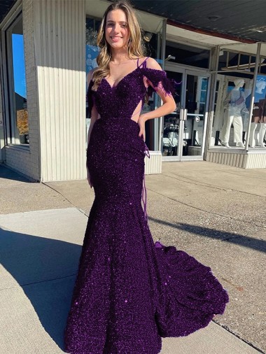 Buy V-Neck Court Train Velvet Sequin Plum Purple Sleeveless Evening Dress UK