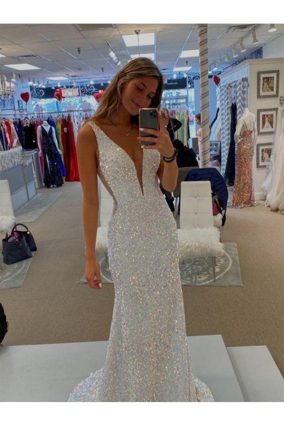 Buy V-Neck Sweep Train Velvet Sequin Sleeveless Evening Dresses UK