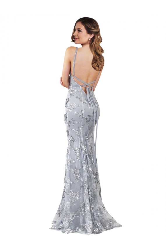 Buy High Neck Long Stretch Crepe & Sequin Tulle Silver Sleeveless Formal Evening Dress UK