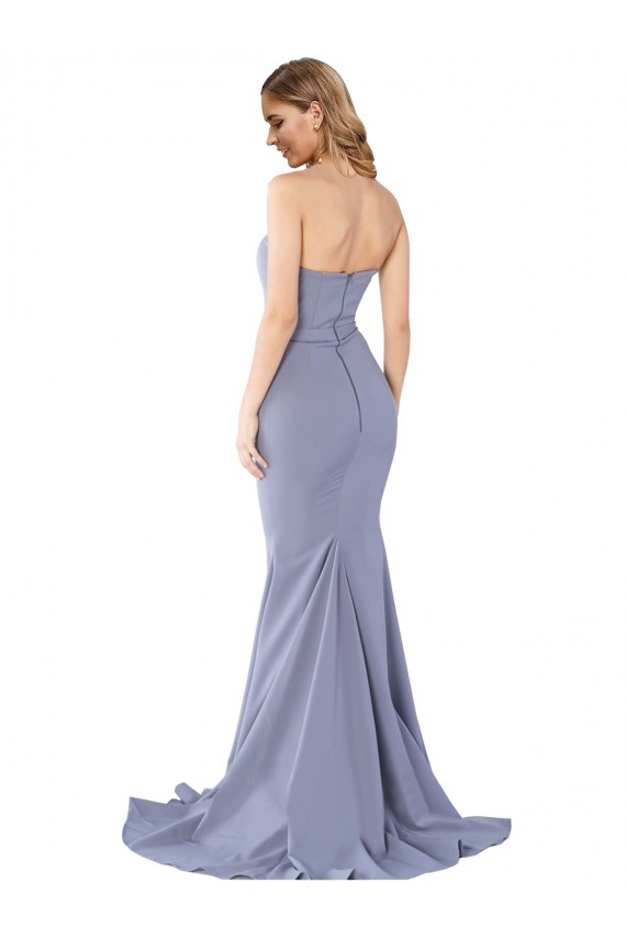 Buy Strapless Long Stretch Crepe Smoke Blue Sleeveless Formal Evening Dress UK