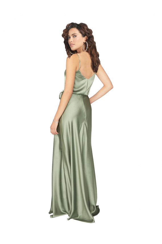 Buy V-Neck Long Silky Satin Smoke Green Sleeveless Formal Evening Dress UK