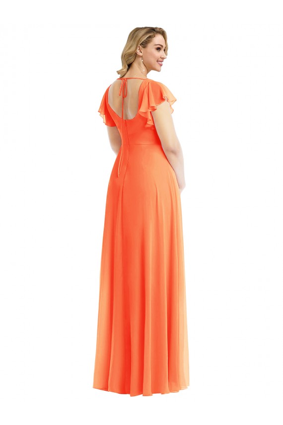 Buy Square Neck Long Soft Chiffon Tangerine Tango Flutter Sleeves Semi Formal Evening Dress UK