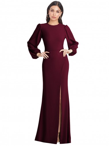 Buy Bateau Neck Long Stretch Crepe Burgundy Gold Puff Sleeves Evening Dress UK