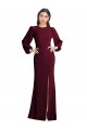 Buy Bateau Neck Long Stretch Crepe Burgundy Gold Puff Sleeves Evening Dress UK