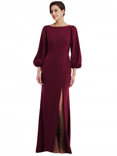 Buy Bateau Neck Long Stretch Crepe Burgundy Gold Long Sleeves Formal Evening Dress UK