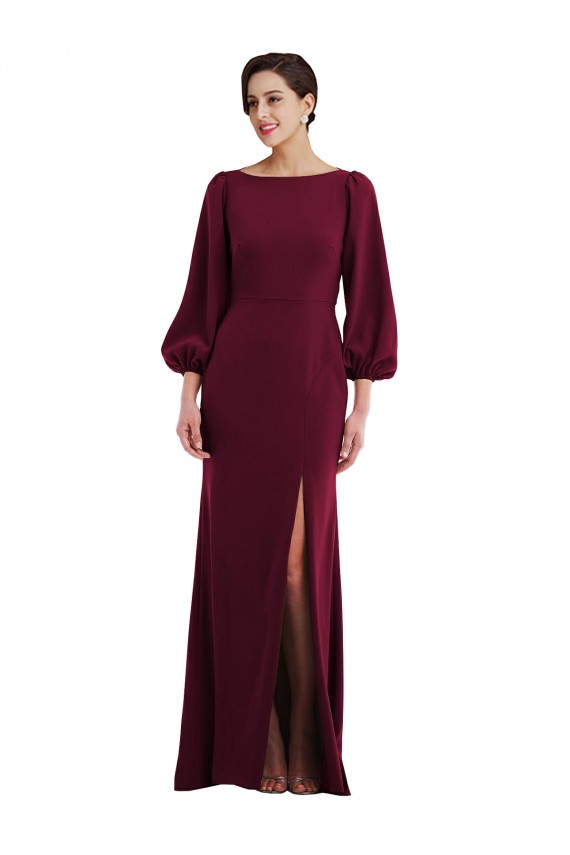 Buy Bateau Neck Long Stretch Crepe Burgundy Gold Long Sleeves Formal Evening Dress UK