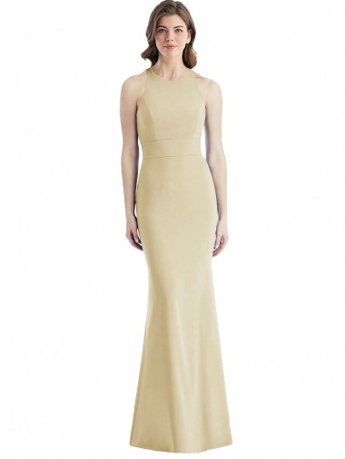 Buy Bateau Neck Long Stretch Crepe Champagne Sleeveless Semi Formal Evening Dress UK