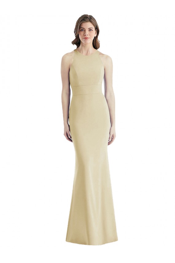 Buy Bateau Neck Long Stretch Crepe Champagne Sleeveless Semi Formal Evening Dress UK