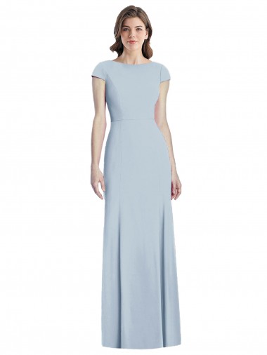 Buy Bateau Neck Long Stretch Crepe Light Sky Blue Cap Sleeves Evening Dress UK