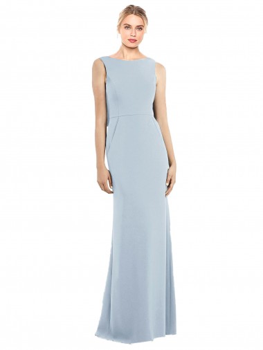 Buy Bateau Neck Long Stretch Crepe Light Sky Blue Sleeveless Semi Formal Evening Dress UK