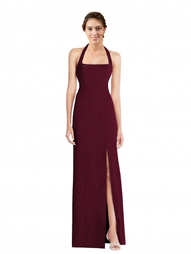 Buy Halter Neck Long Stretch Crepe Burgundy Gold Sleeveless Semi Formal Evening Dress UK