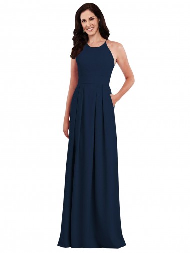 Buy Halter Neck Long Stretch Crepe Dark Navy Sleeveless Semi Formal Evening Dress UK