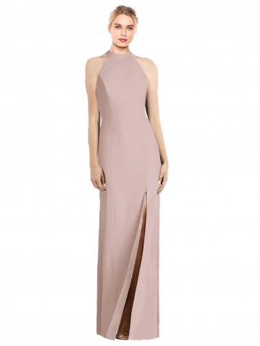 Buy Halter Neck Long Stretch Crepe Dusty Pink Sleeveless Semi Formal Evening Dress UK