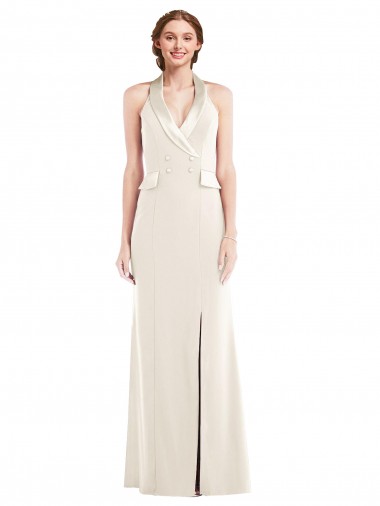 Buy Halter Neck Long Stretch Crepe Ivory Sleeveless Semi Formal Evening Dress UK