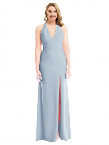 Buy Halter Neck Long Stretch Crepe Light Sky Blue Sleeveless Evening Gown UK