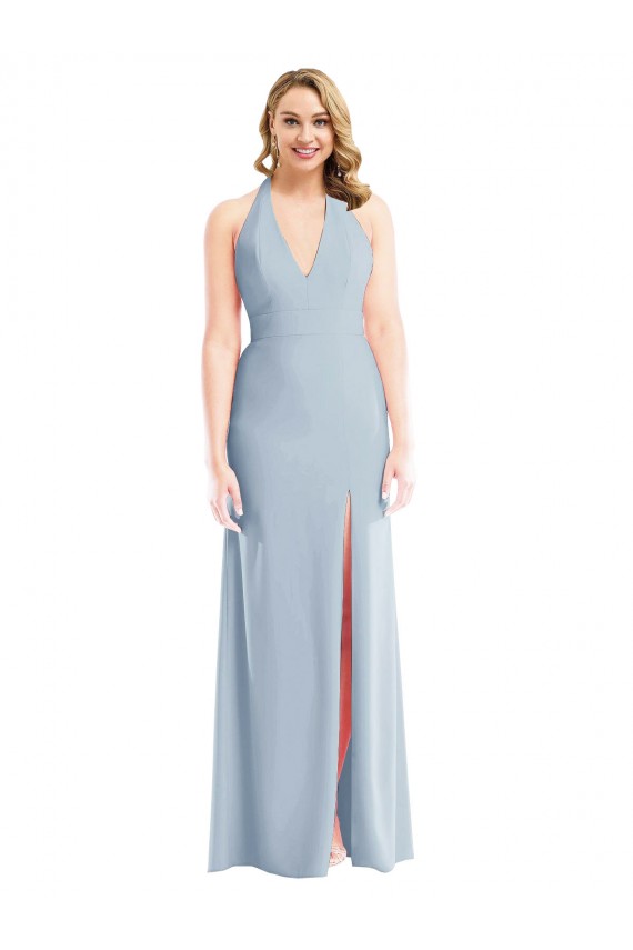 Buy Halter Neck Long Stretch Crepe Light Sky Blue Sleeveless Evening Gown UK