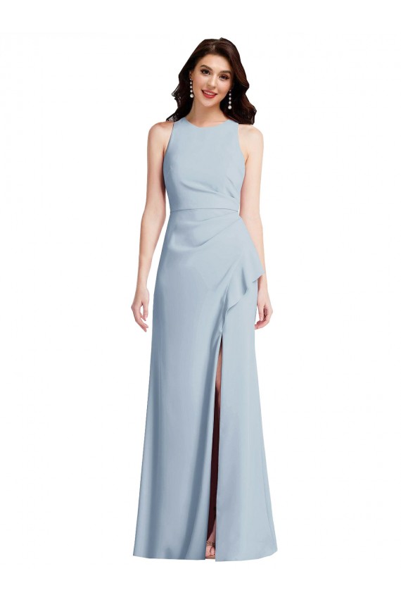 Buy Halter Neck Long Stretch Crepe Light Sky Blue Sleeveless Evening Gowns UK