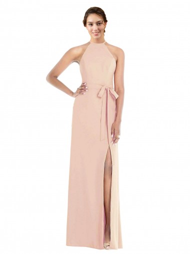 Buy Halter Neck Long Stretch Crepe Nude Sleeveless Formal Evening Dress UK