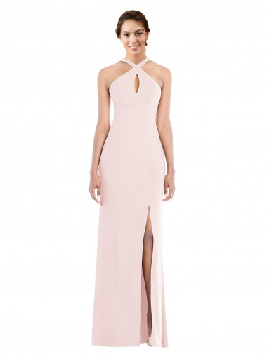 Buy Halter Neck Long Stretch Crepe Pink Sleeveless Formal Evening Dress UK