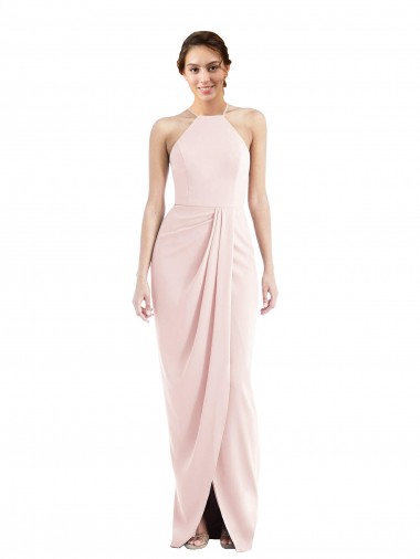 Buy Halter Neck Long Stretch Crepe Pink Sleeveless Semi Formal Evening Dress UK