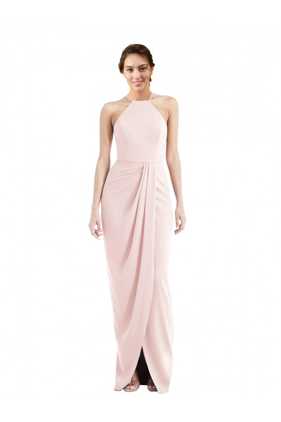 Buy Halter Neck Long Stretch Crepe Pink Sleeveless Semi Formal Evening Dress UK