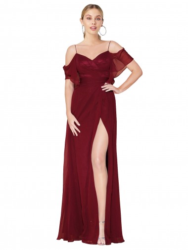 Buy High Neck Long Soft Chiffon Burgundy Cold Shoulder Formal Evening Dress UK