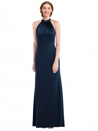 Buy High Neck Long Stretch Crepe Dark Navy Sleeveless Semi Formal Evening Dress UK