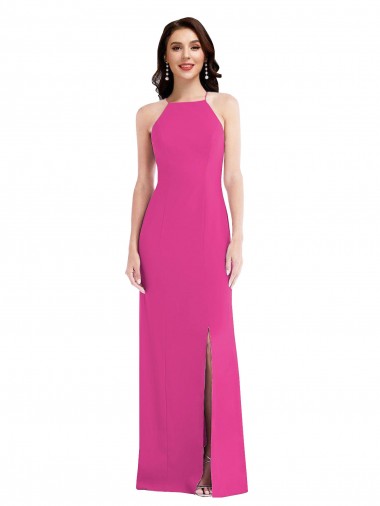 Buy High Neck Long Stretch Crepe Fuchsia Sleeveless Formal Evening Dress UK