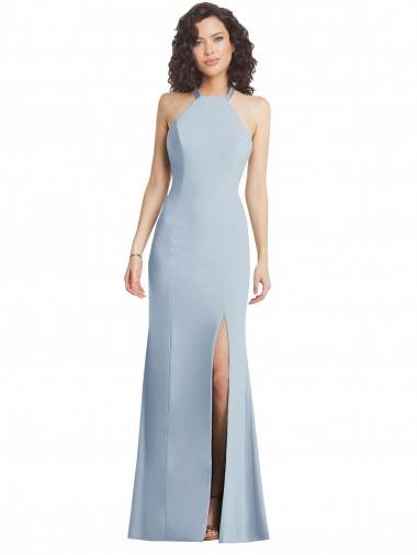 Buy High Neck Long Stretch Crepe Light Sky Blue Sleeveless Formal Evening Gown UK