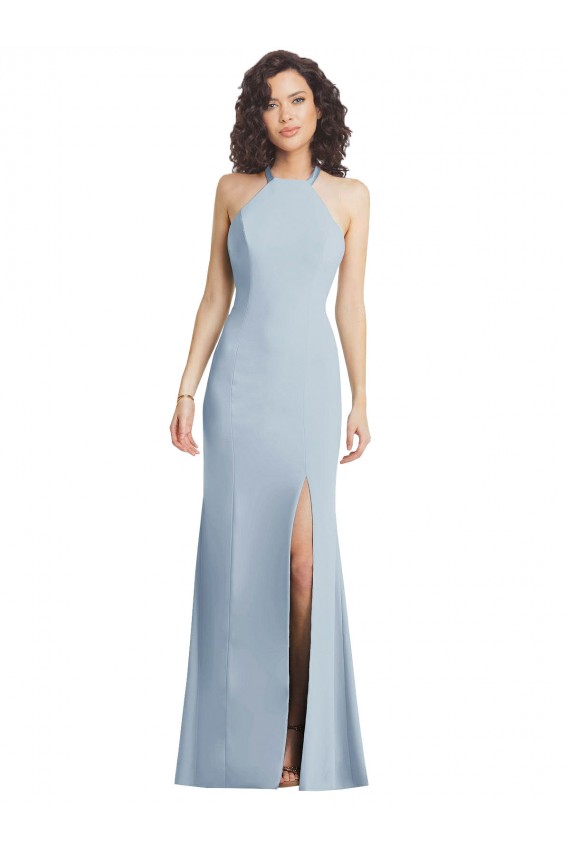 Buy High Neck Long Stretch Crepe Light Sky Blue Sleeveless Formal Evening Gown UK