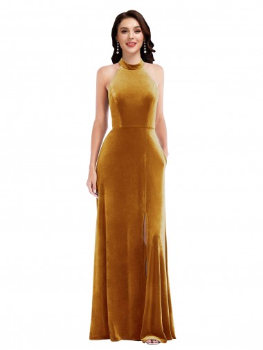 Buy High Neck Long Stretch Velvet Gold Sleeveless Semi Formal Evening Dress UK