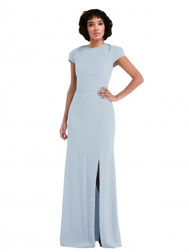 Buy Jewel Neck Long Stretch Crepe Light Sky Blue Cap Sleeves Semi Formal Evening Dress UK