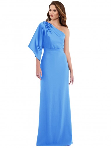 Buy One Shoulder Long Stretch Crepe Peacock Blue Bell Sleeves Semi Formal Evening Dress UK