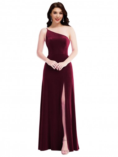 Buy One Shoulder Long Stretch Velvet Burgundy Sleeveless Black Tie Evening Dress UK