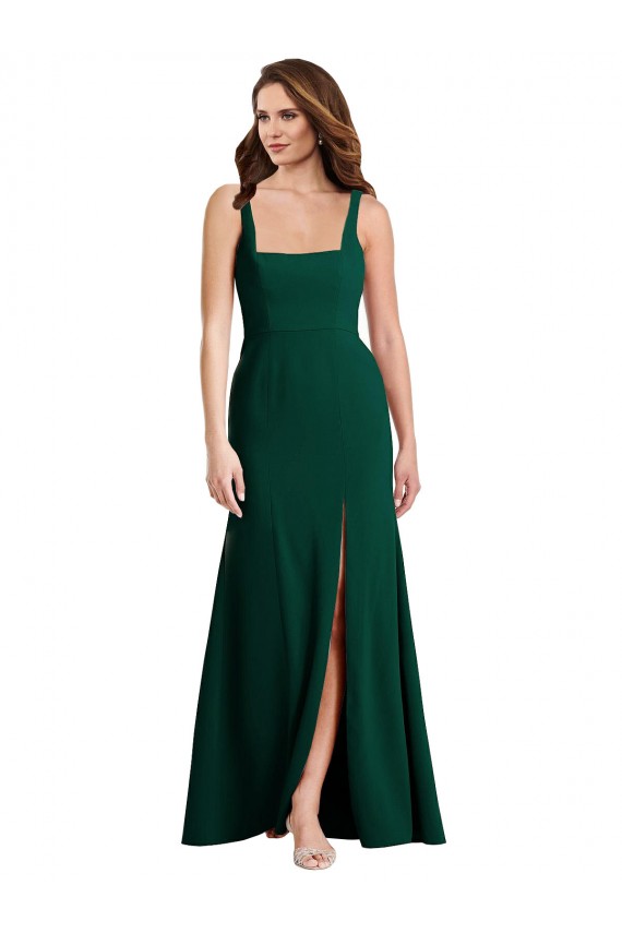 Buy Square Neck Long Stretch Crepe Midnight Green Sleeveless Semi Formal Evening Dress UK