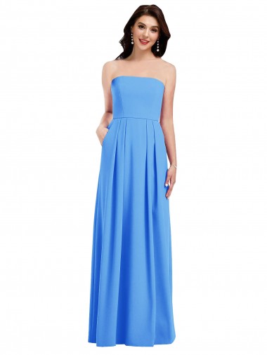 Buy Strapless Long Stretch Crepe Peacock Blue Sleeveless Semi Formal Evening Dress UK