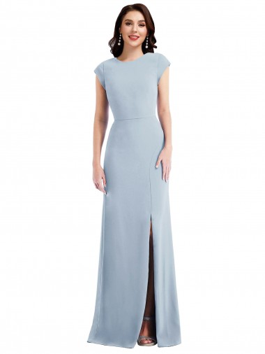 Buy Long Stretch Crepe Light Sky Blue Cap Sleeves Formal Evening Dress UK