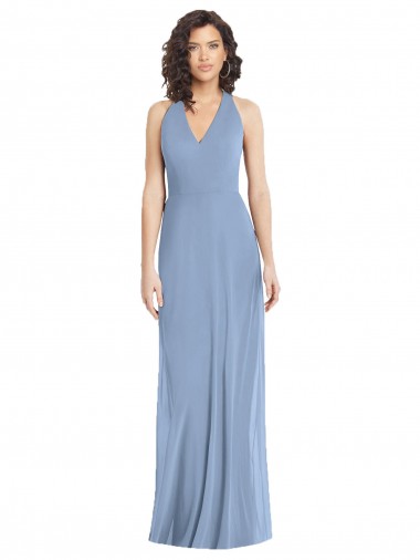 Buy V-Neck Long Soft Chiffon Dusty Blue Sleeveless Formal Evening Dress UK