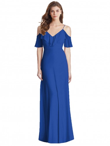 Buy V-Neck Long Soft Chiffon Royal Blue Cold Shoulder Semi Formal Evening Dress UK