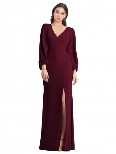 Buy V-Neck Long Stretch Crepe Burgundy Gold Puff Sleeves Semi Formal Evening Dress UK